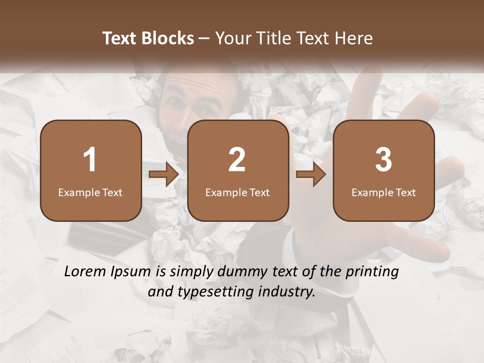 A Man With His Hand Out Through A Pile Of Papers PowerPoint Template