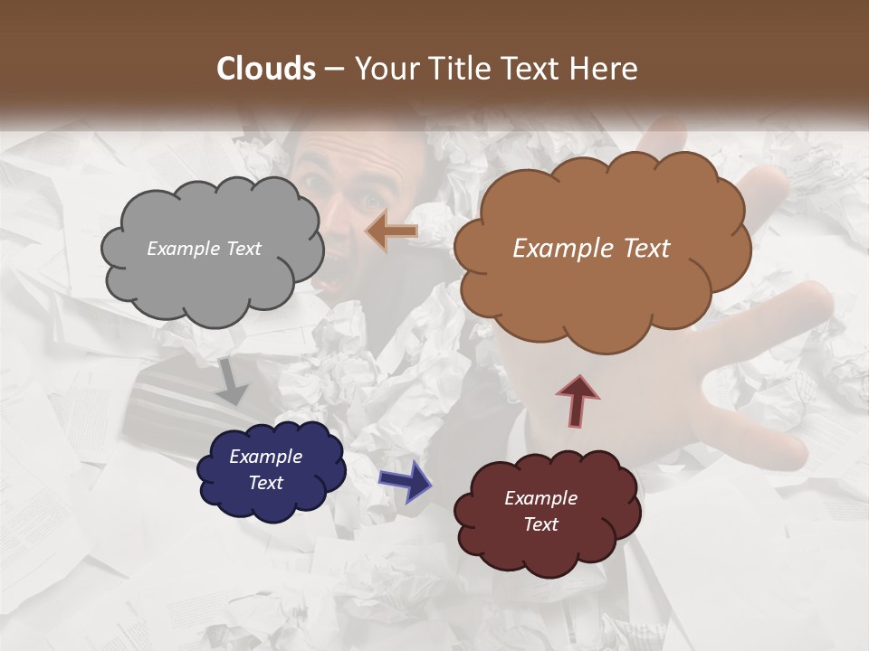 A Man With His Hand Out Through A Pile Of Papers PowerPoint Template
