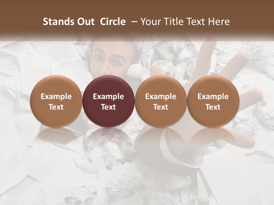 A Man With His Hand Out Through A Pile Of Papers PowerPoint Template