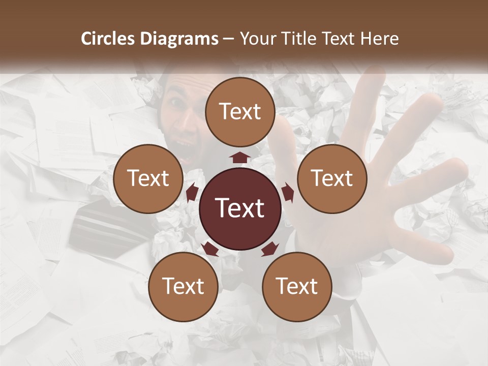 A Man With His Hand Out Through A Pile Of Papers PowerPoint Template