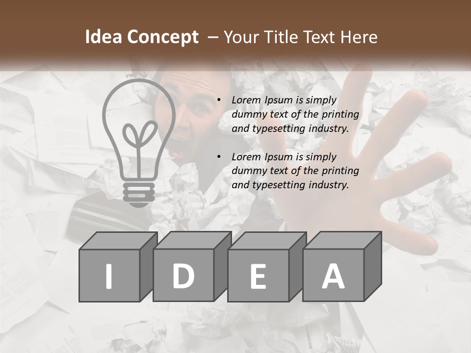 A Man With His Hand Out Through A Pile Of Papers PowerPoint Template