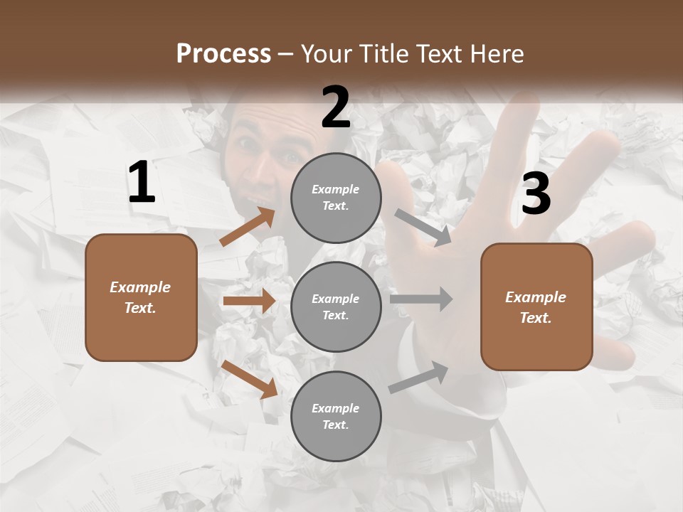 A Man With His Hand Out Through A Pile Of Papers PowerPoint Template
