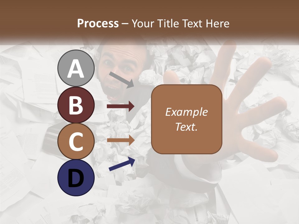 A Man With His Hand Out Through A Pile Of Papers PowerPoint Template
