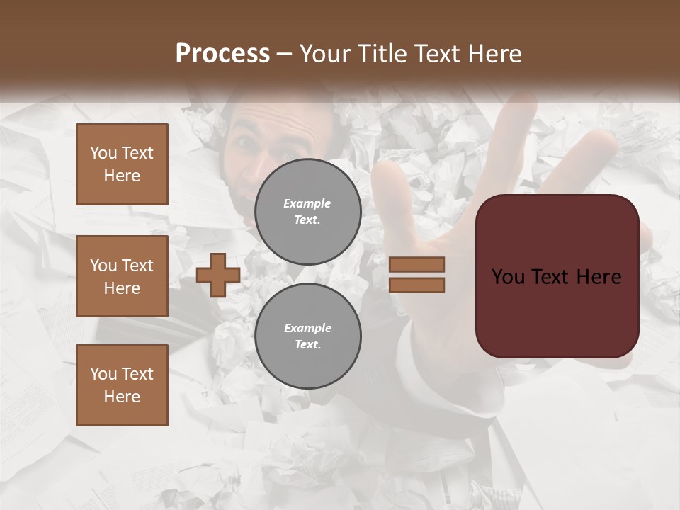 A Man With His Hand Out Through A Pile Of Papers PowerPoint Template