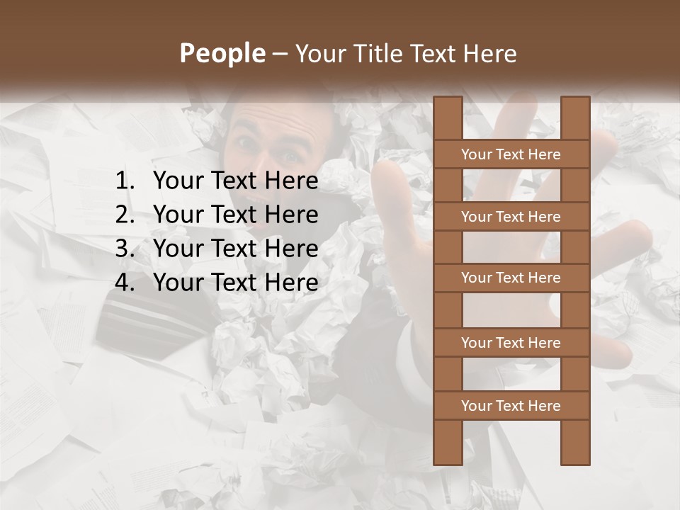 A Man With His Hand Out Through A Pile Of Papers PowerPoint Template