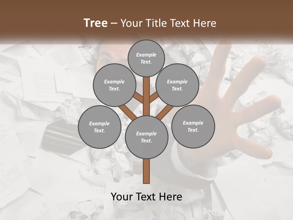 A Man With His Hand Out Through A Pile Of Papers PowerPoint Template