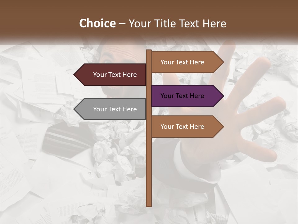 A Man With His Hand Out Through A Pile Of Papers PowerPoint Template
