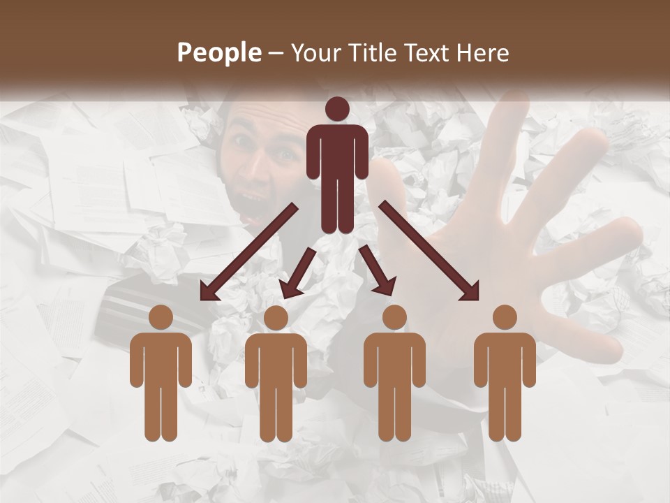 A Man With His Hand Out Through A Pile Of Papers PowerPoint Template