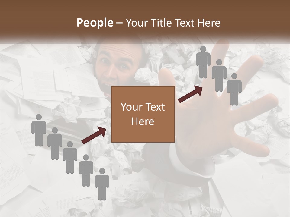 A Man With His Hand Out Through A Pile Of Papers PowerPoint Template