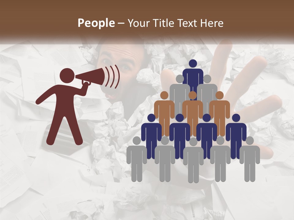 A Man With His Hand Out Through A Pile Of Papers PowerPoint Template