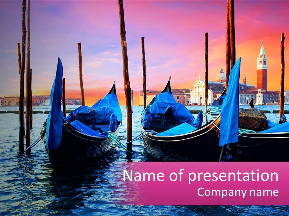 A Group Of Gondolas Sitting On Top Of A Body Of Water PowerPoint Template