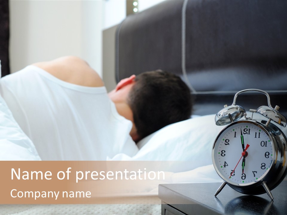 A Man Sleeping In Bed With An Alarm Clock PowerPoint Template