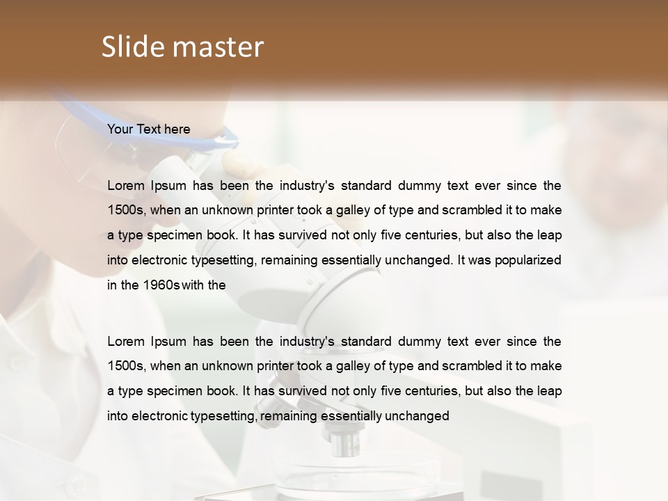 A Woman Looking Through A Microscope With A Man In The Background PowerPoint Template