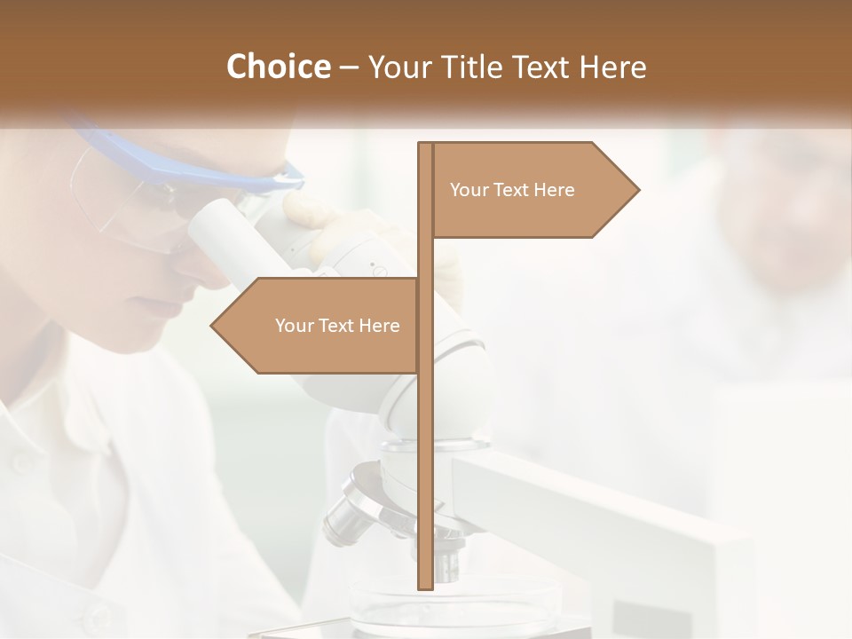 A Woman Looking Through A Microscope With A Man In The Background PowerPoint Template