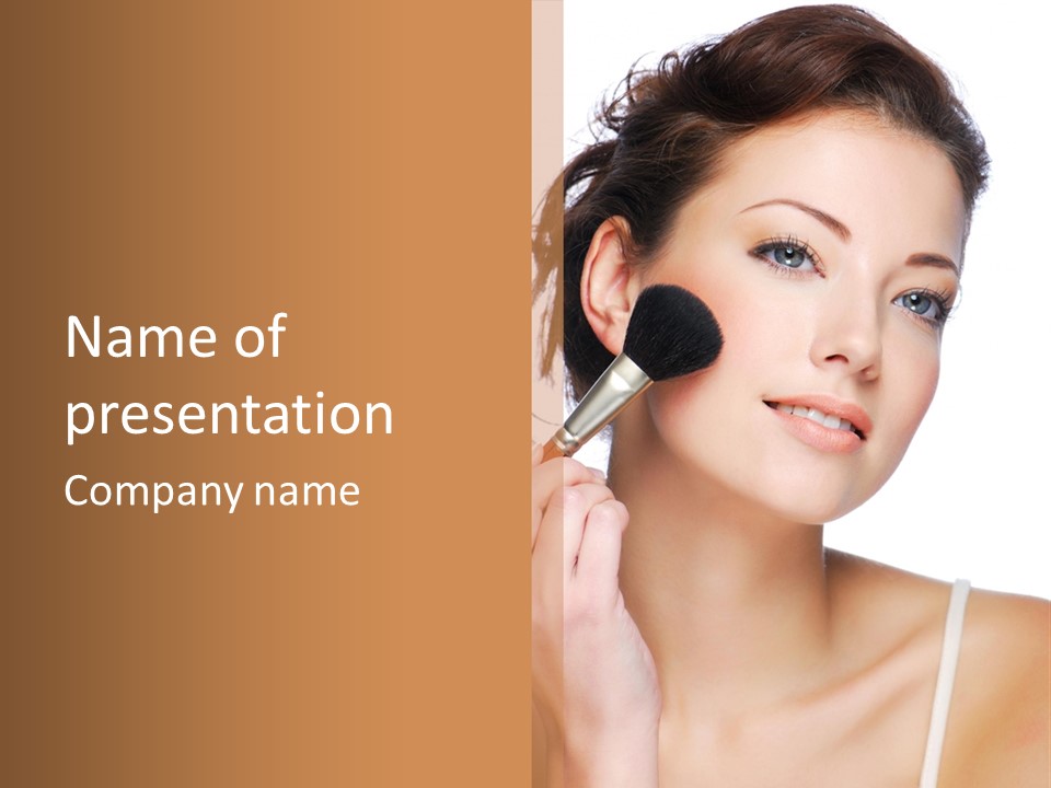 A Woman Holding A Makeup Brush In Front Of Her Face PowerPoint Template