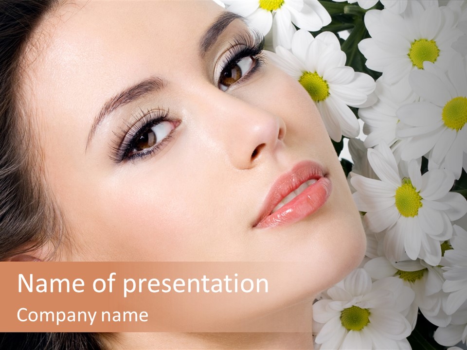 A Woman With Flowers In Her Hair Is Looking Up At The Sky PowerPoint Template