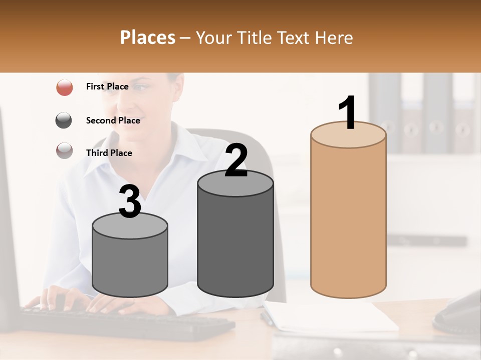 A Woman Sitting At A Desk In Front Of A Computer PowerPoint Template