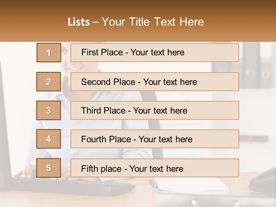 A Woman Sitting At A Desk In Front Of A Computer PowerPoint Template