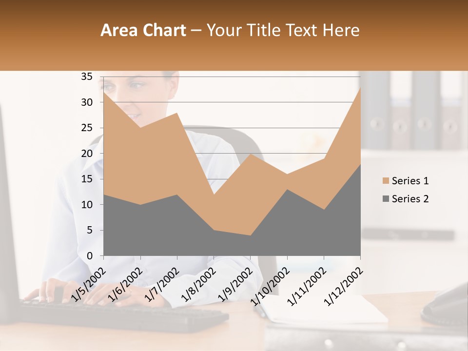 A Woman Sitting At A Desk In Front Of A Computer PowerPoint Template