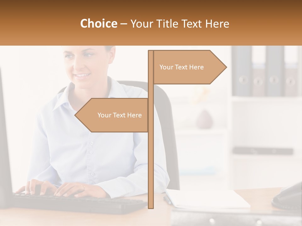 A Woman Sitting At A Desk In Front Of A Computer PowerPoint Template