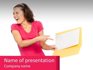 A Woman Holding A Yellow Folder And Pointing At It PowerPoint Template