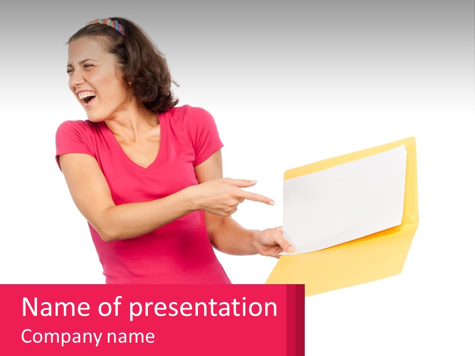 A Woman Holding A Yellow Folder And Pointing At It PowerPoint Template