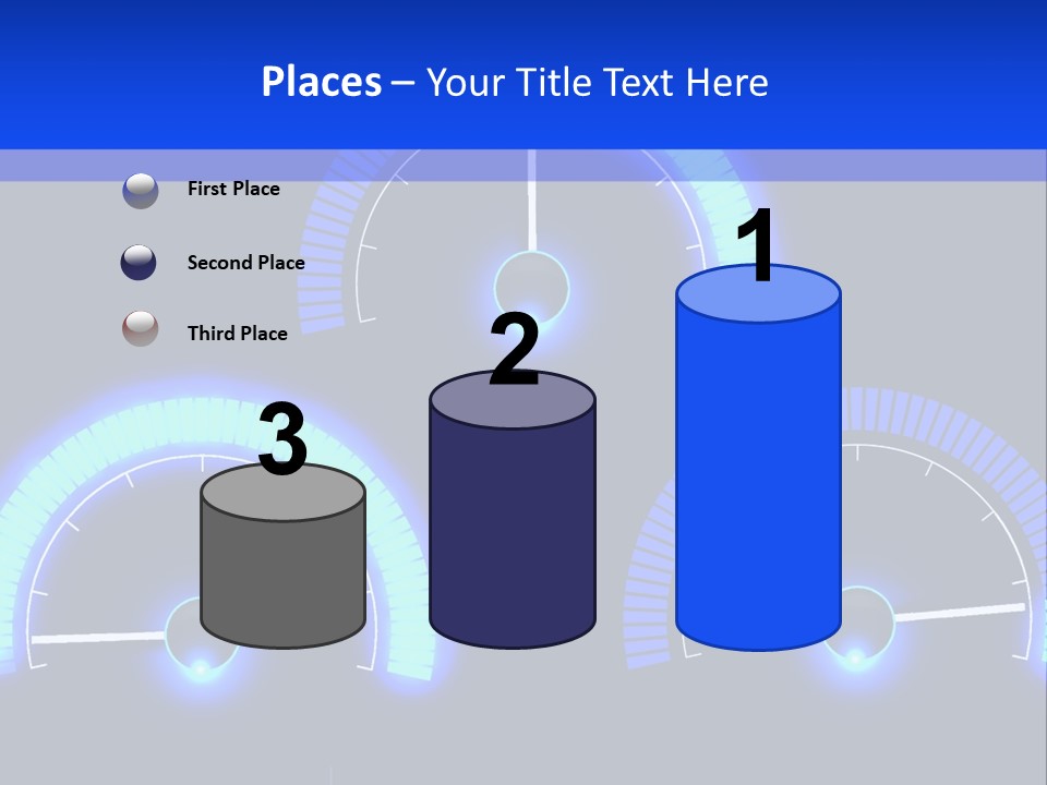Three Speedometers On A Black Background With Blue Lights PowerPoint Template