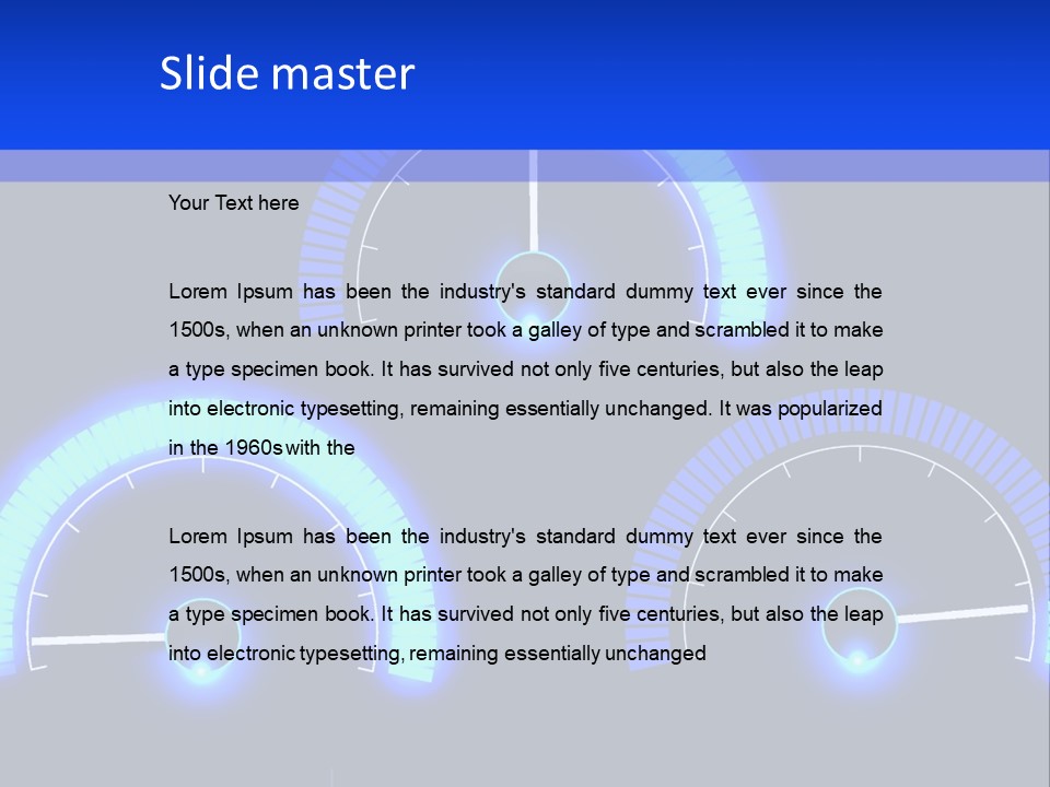 Three Speedometers On A Black Background With Blue Lights PowerPoint Template