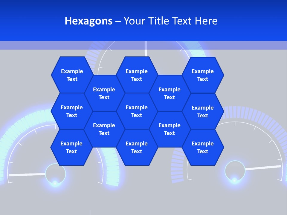 Three Speedometers On A Black Background With Blue Lights PowerPoint Template