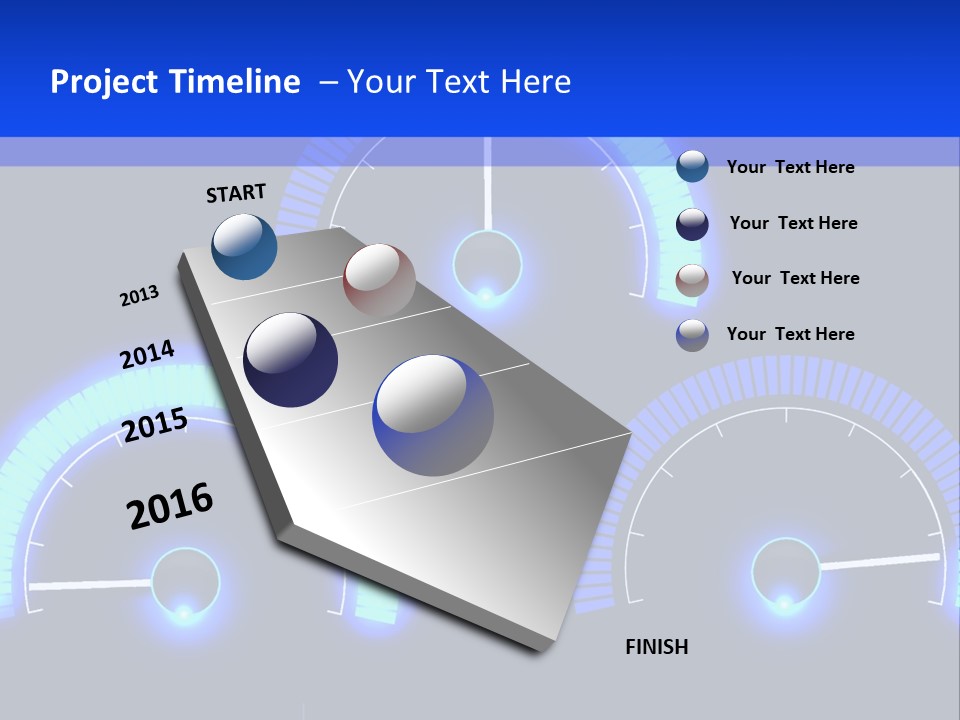 Three Speedometers On A Black Background With Blue Lights PowerPoint Template