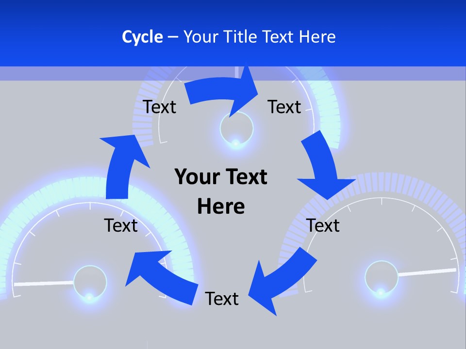 Three Speedometers On A Black Background With Blue Lights PowerPoint Template