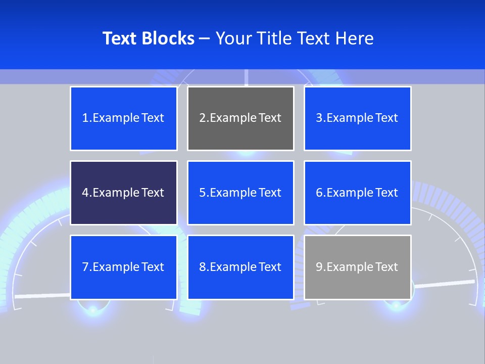 Three Speedometers On A Black Background With Blue Lights PowerPoint Template
