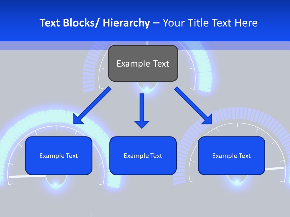 Three Speedometers On A Black Background With Blue Lights PowerPoint Template