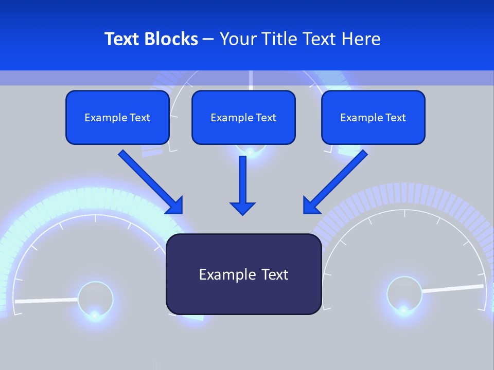 Three Speedometers On A Black Background With Blue Lights PowerPoint Template