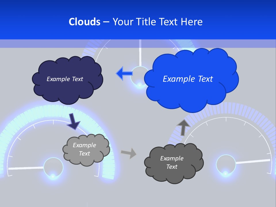 Three Speedometers On A Black Background With Blue Lights PowerPoint Template