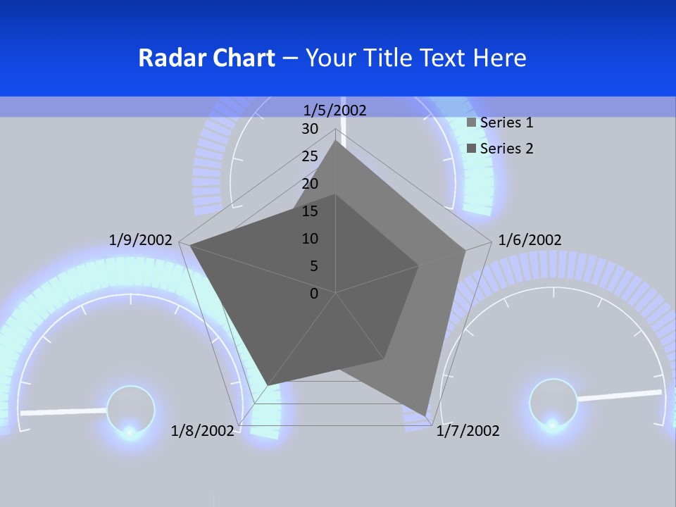 Three Speedometers On A Black Background With Blue Lights PowerPoint Template