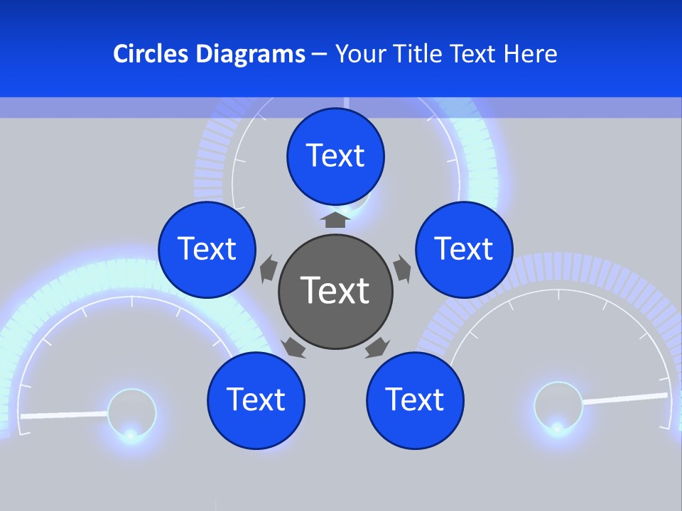 Three Speedometers On A Black Background With Blue Lights PowerPoint Template