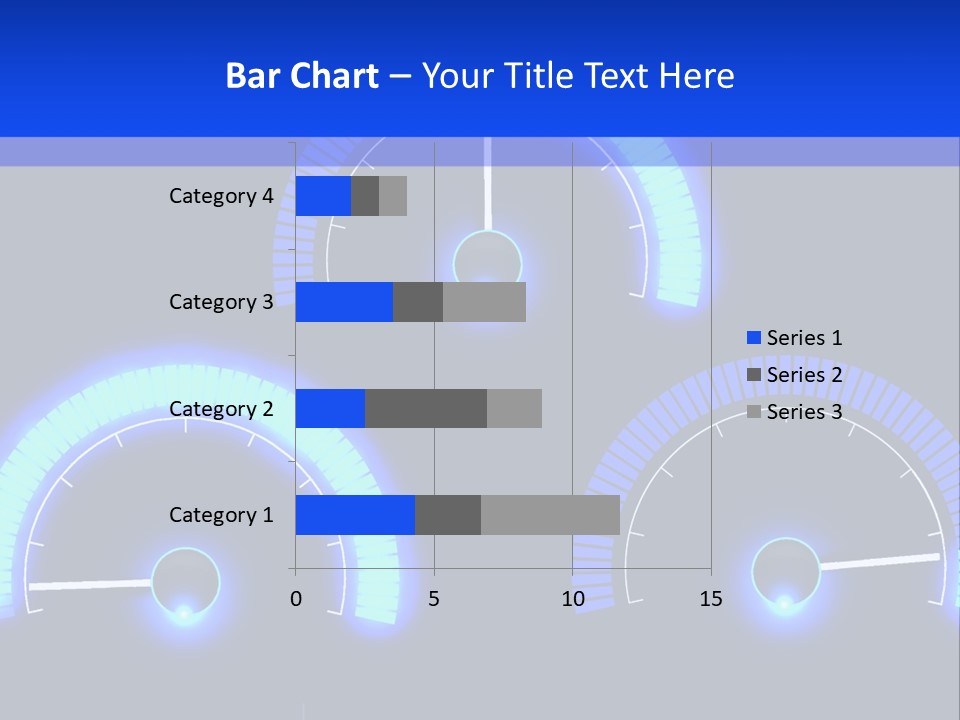 Three Speedometers On A Black Background With Blue Lights PowerPoint Template
