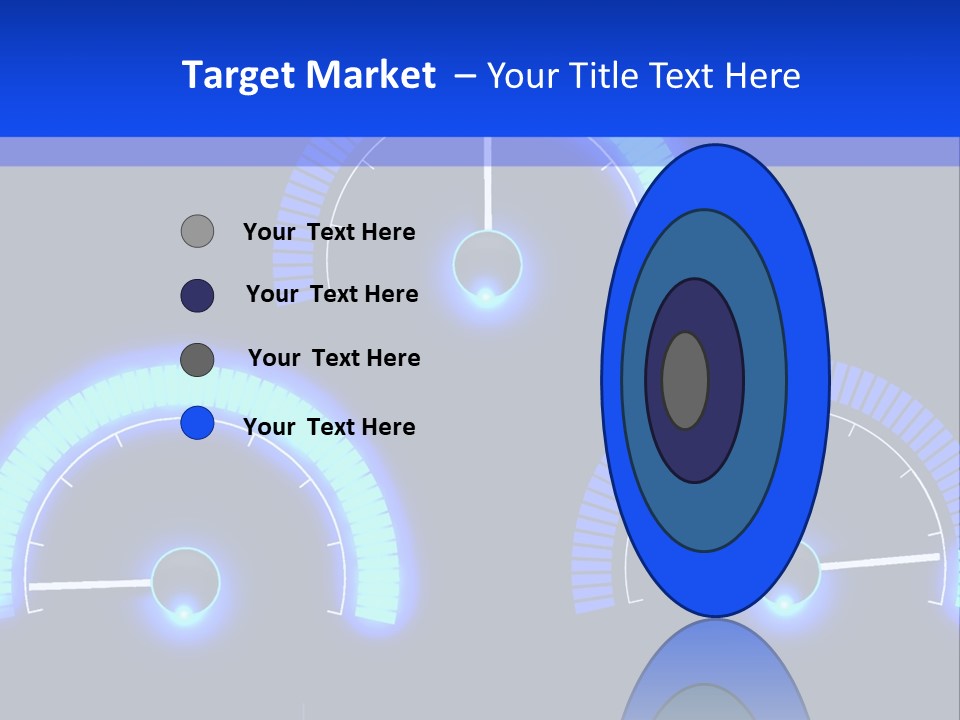 Three Speedometers On A Black Background With Blue Lights PowerPoint Template