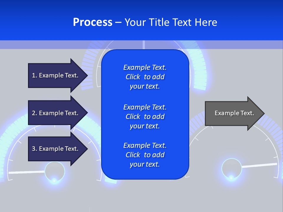Three Speedometers On A Black Background With Blue Lights PowerPoint Template