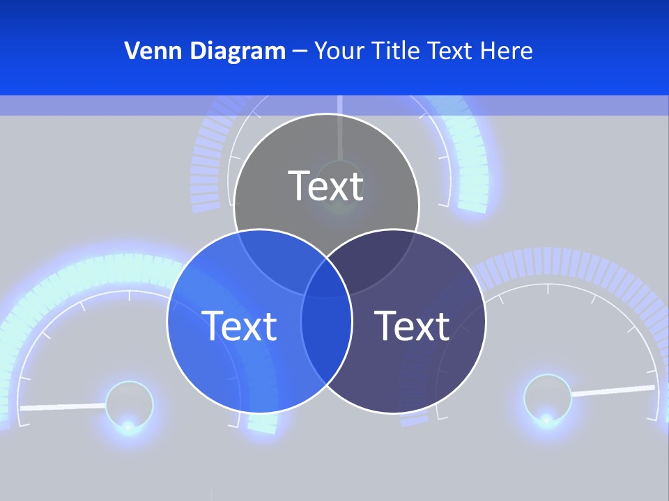 Three Speedometers On A Black Background With Blue Lights PowerPoint Template