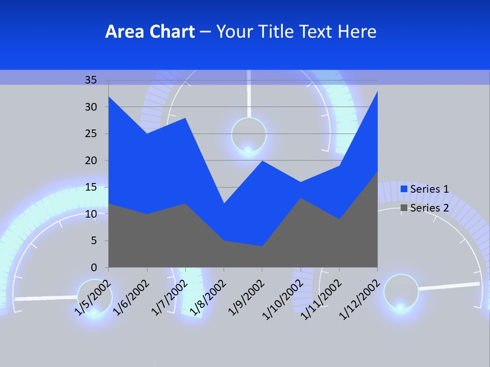 Three Speedometers On A Black Background With Blue Lights PowerPoint Template