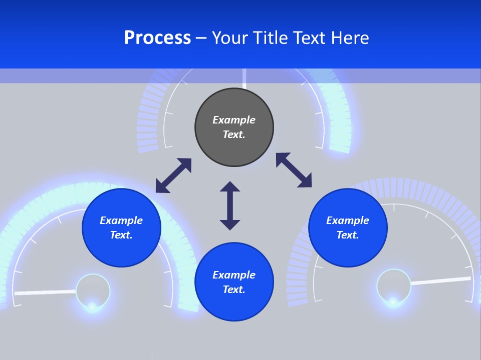 Three Speedometers On A Black Background With Blue Lights PowerPoint Template