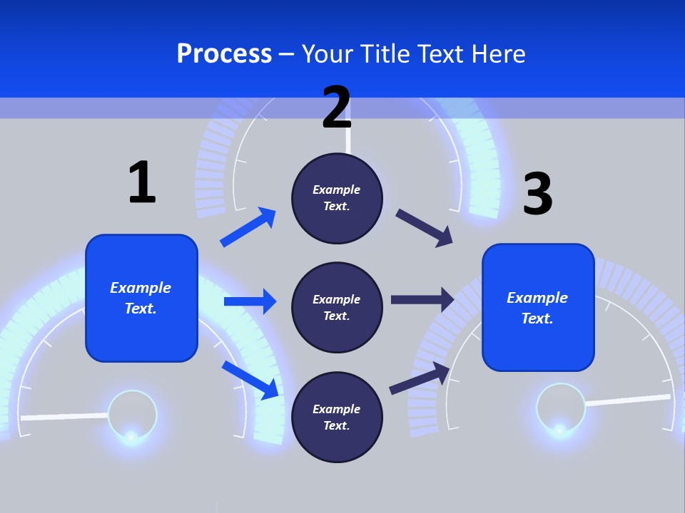 Three Speedometers On A Black Background With Blue Lights PowerPoint Template