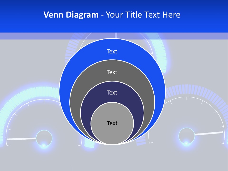 Three Speedometers On A Black Background With Blue Lights PowerPoint Template