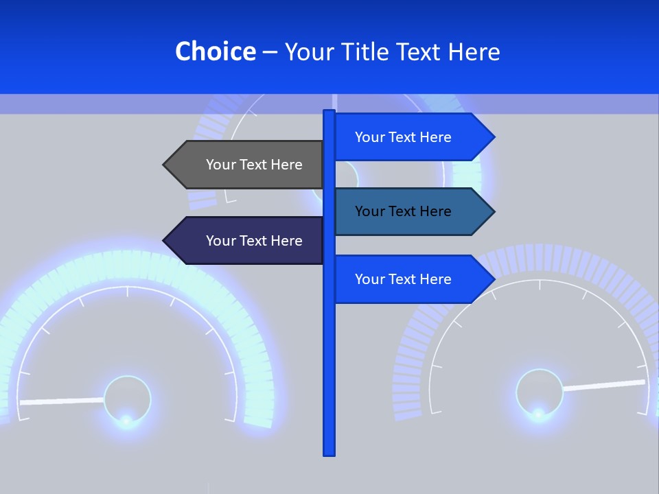 Three Speedometers On A Black Background With Blue Lights PowerPoint Template