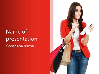 A Woman Holding Shopping Bags And A Cell Phone PowerPoint Template