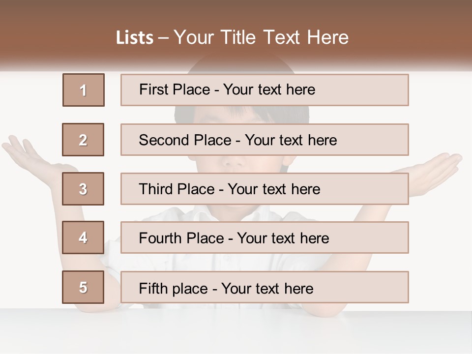 A Young Boy Sitting At A Table With His Hands Out PowerPoint Template