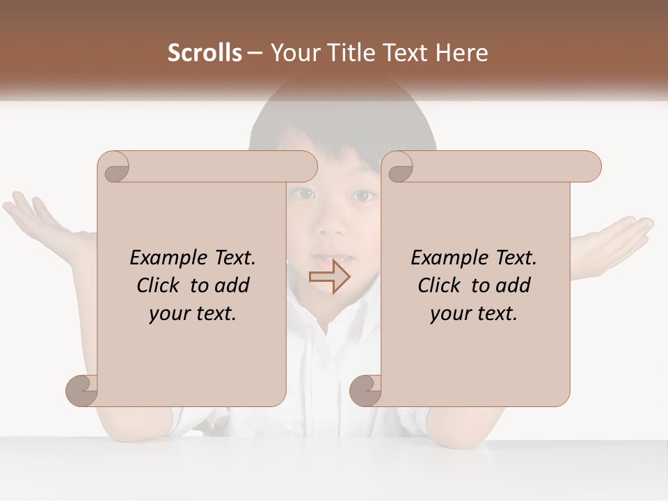 A Young Boy Sitting At A Table With His Hands Out PowerPoint Template
