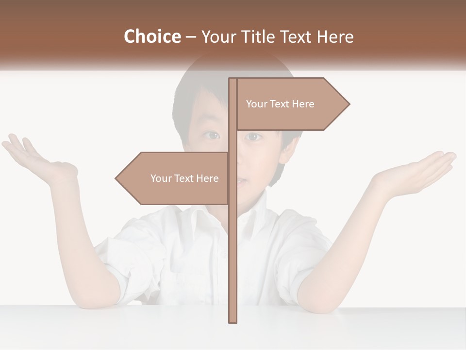 A Young Boy Sitting At A Table With His Hands Out PowerPoint Template